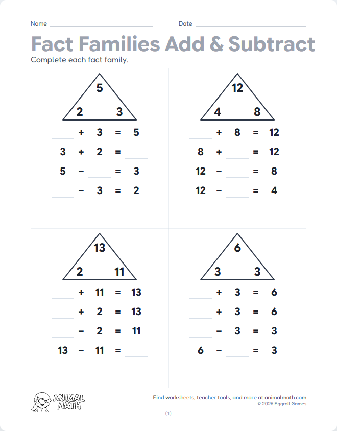 Fact Families Within 20 - Missing Numbers preview