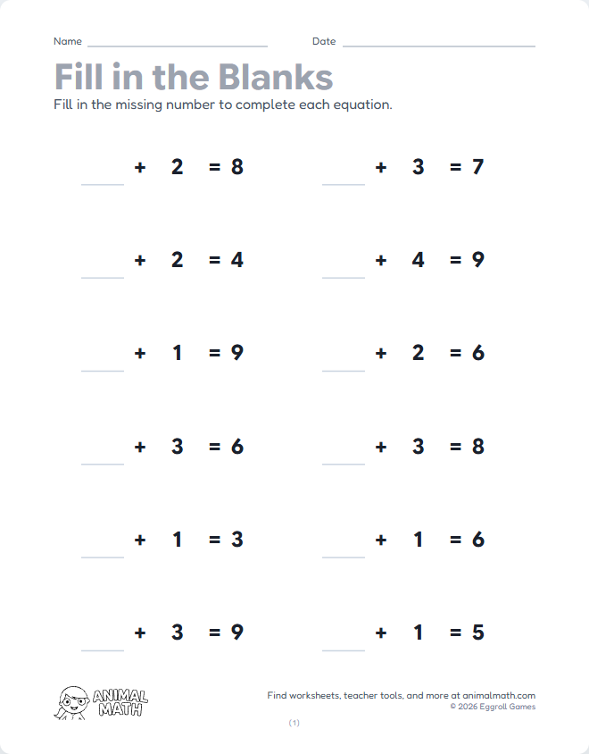 Fill in the Blank - Equations to 10 preview