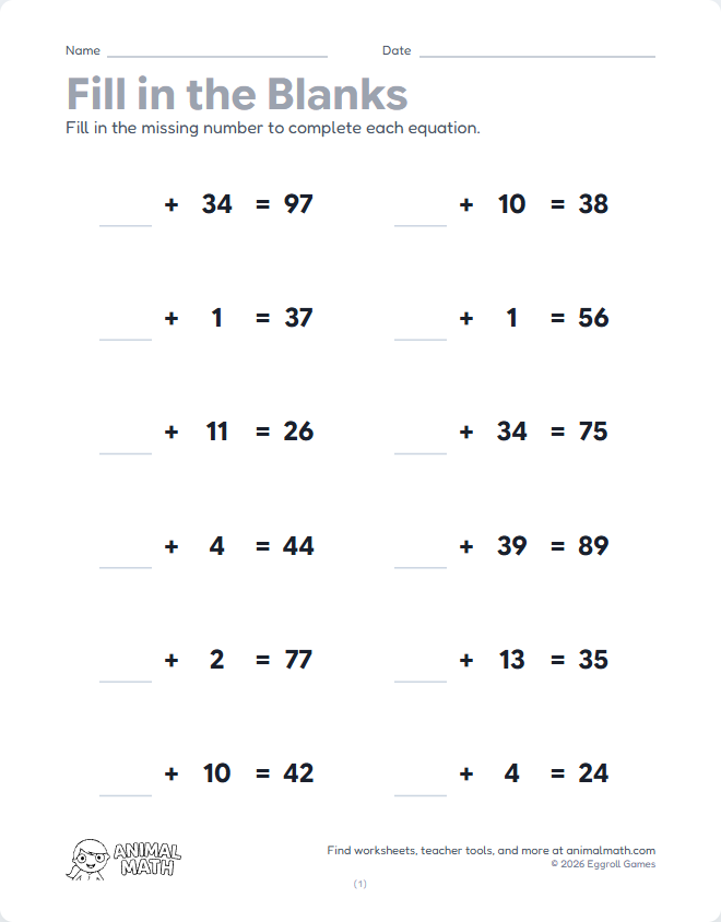 Fill in the Blank - Equations to 100 preview