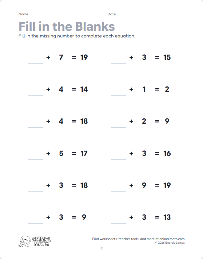 Fill in the Blank - Equations to 20 preview