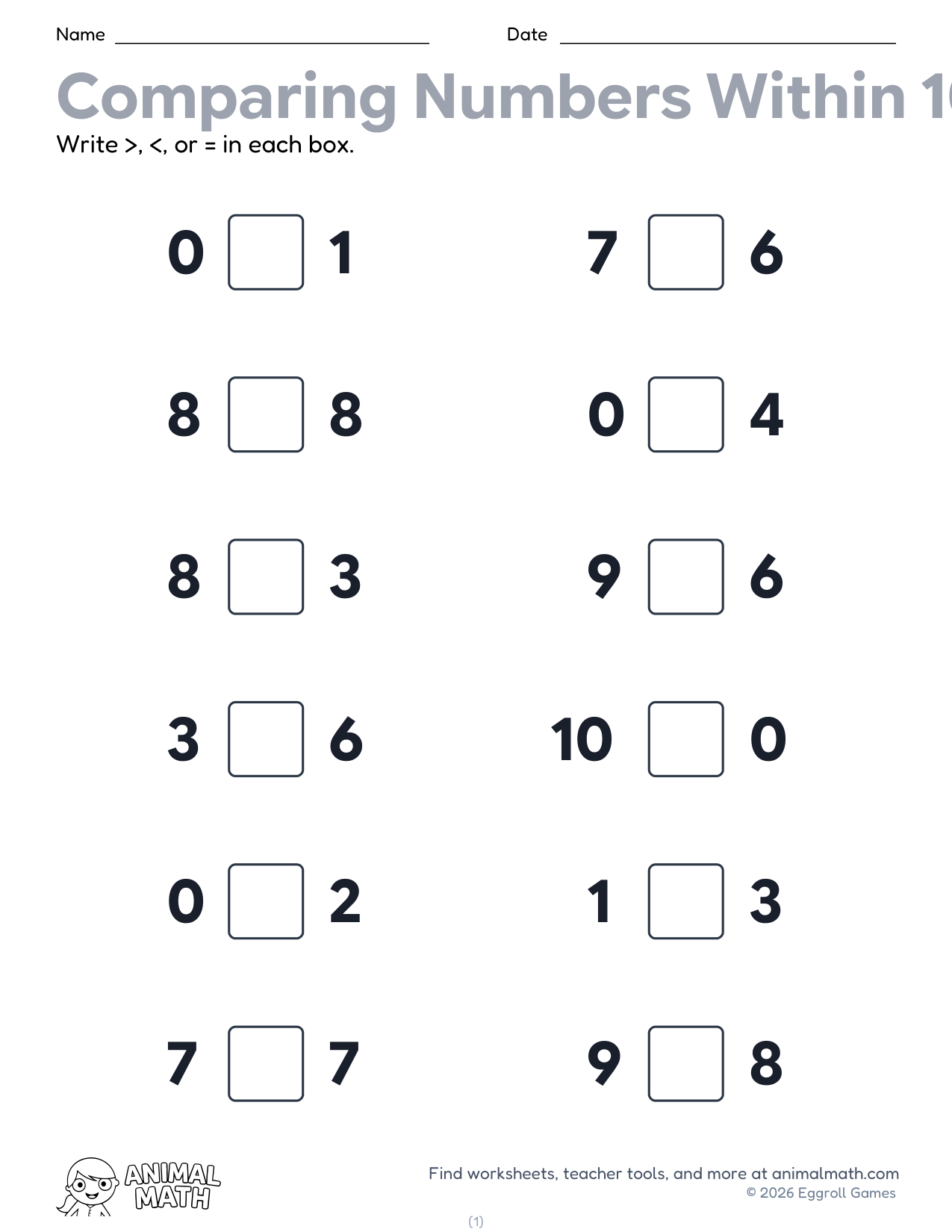 Greater Than Less Than to 10