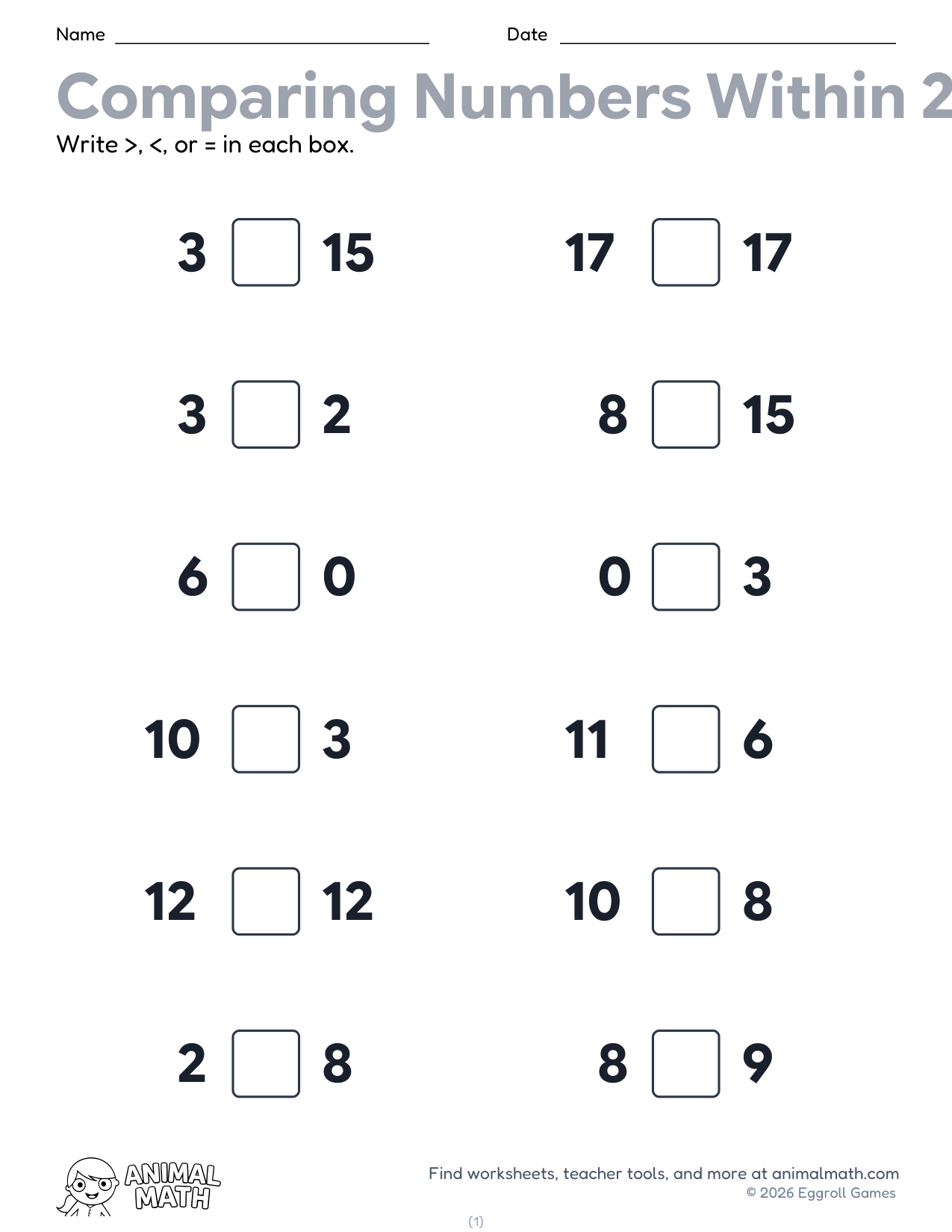 Greater Than Less Than to 20