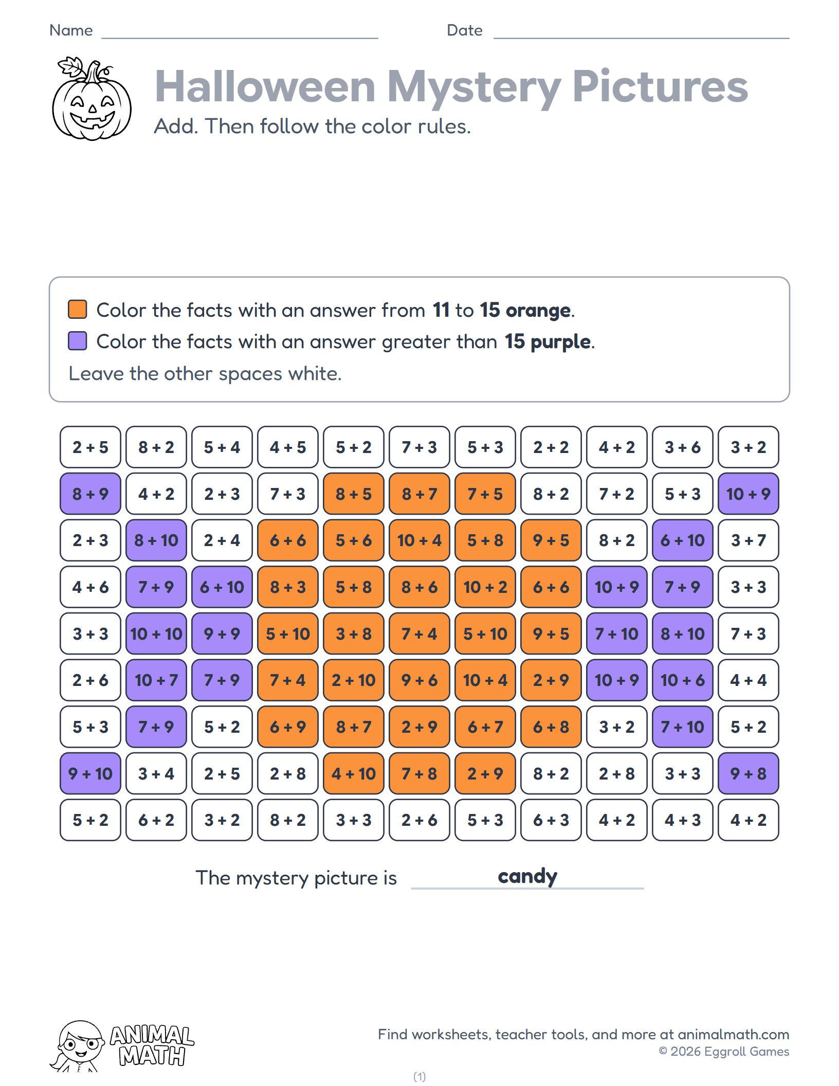 Halloween Mystery Pictures: Math Facts