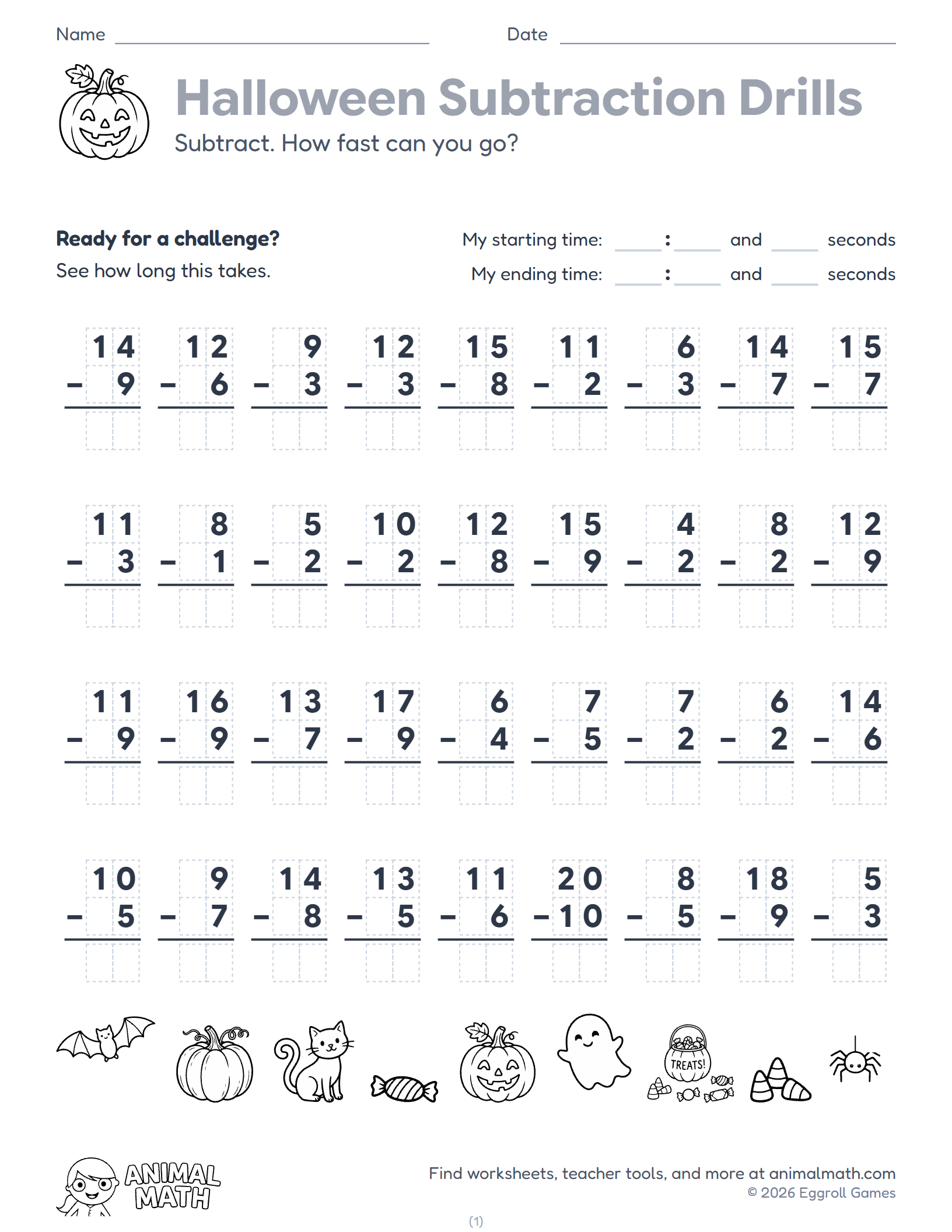 Halloween Subtraction Drills