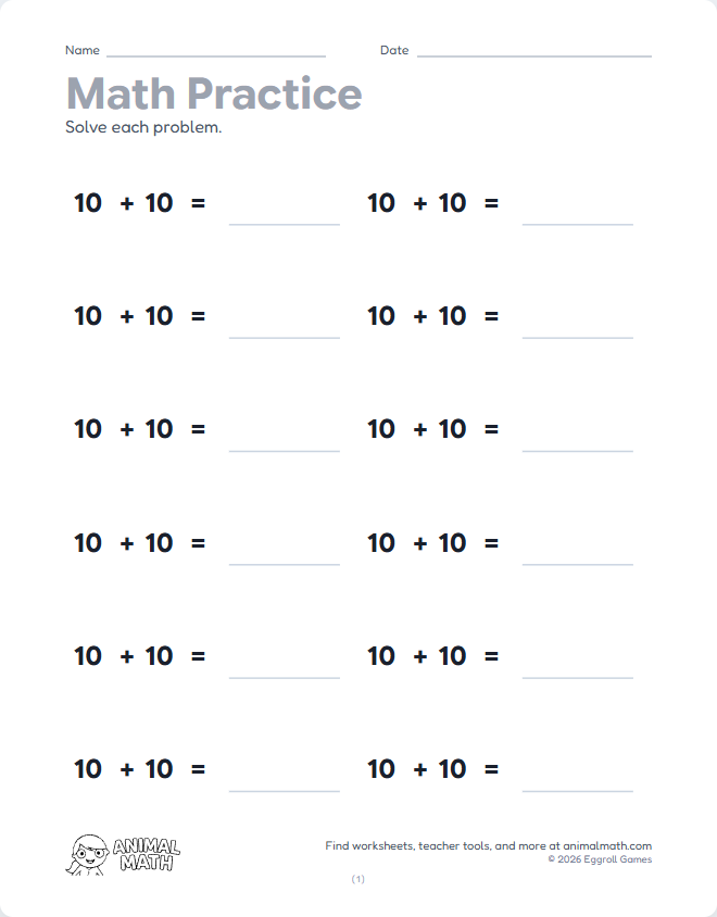 Horizontal Math 10 to 20