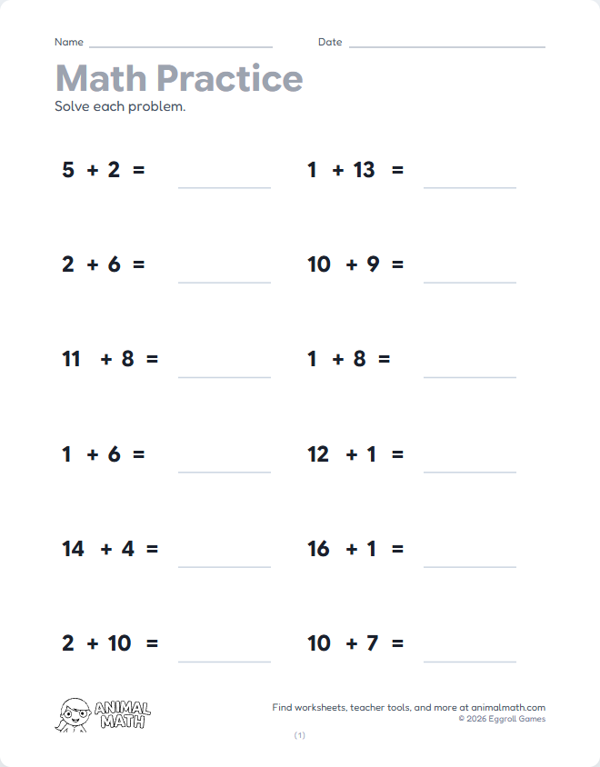 Horizontal Math to 20