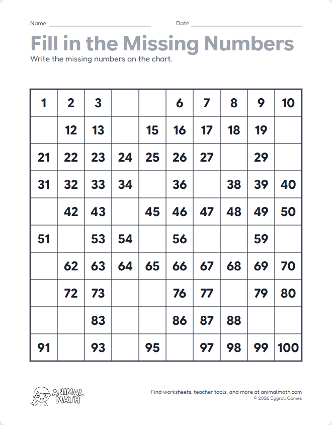 Hundreds Chart - Fill in Blanks