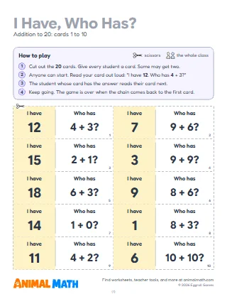 I Have, Who Has? Addition and Subtraction to 20
