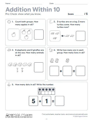 Kindergarten Addition Within 10 Pre-Check