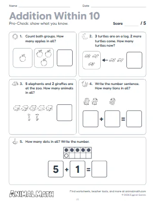 Kindergarten Addition Within 10 Test