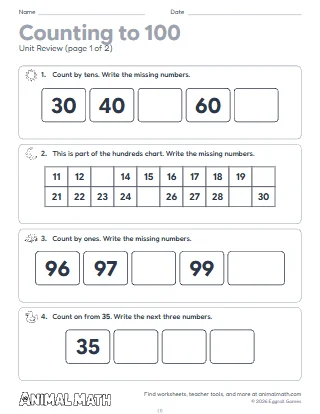 Kindergarten Counting to 100 Unit Review