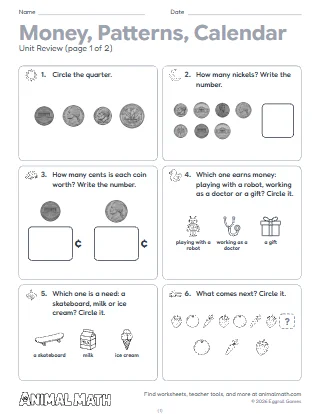 Kindergarten Money, Patterns and Calendar Unit Review