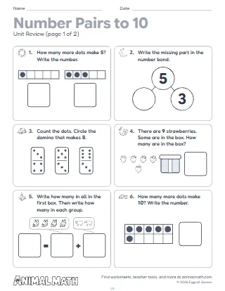 Kindergarten Number Pairs and Making 10 Unit Review