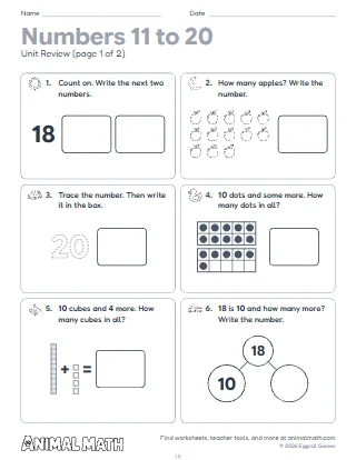 Kindergarten Numbers 11 to 20 Unit Review