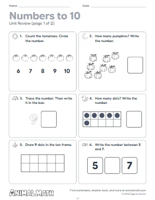 Kindergarten Numbers to 10 Unit Review