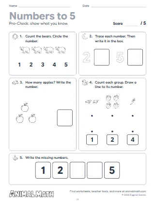 Kindergarten Numbers to 5 Pre-Check