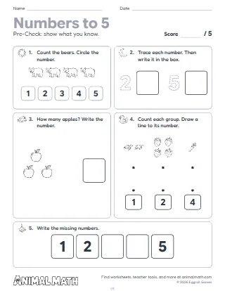 Kindergarten Numbers to 5 Test