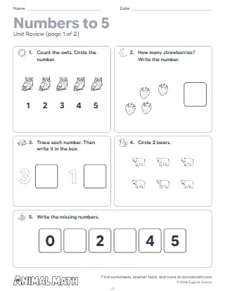 Kindergarten Numbers to 5 Unit Review