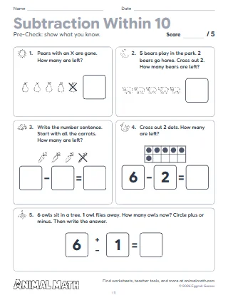 Kindergarten Subtraction Within 10 Pre-Check