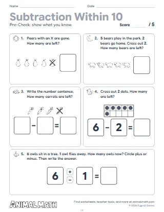 Kindergarten Subtraction Within 10 Test
