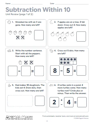 Kindergarten Subtraction Within 10 Unit Review