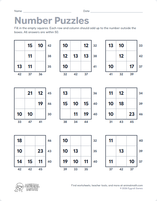 Number Puzzle 6x6 to 50