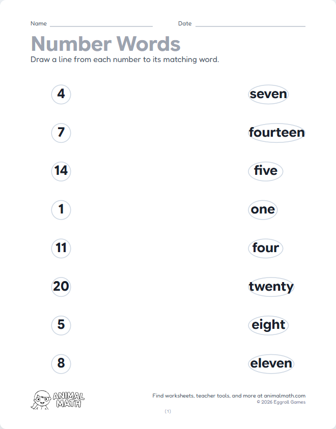 Number Words - Match (1 to 20)