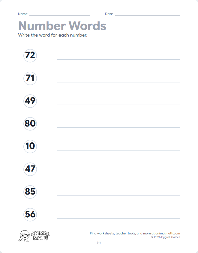 Number Words - Write (1 to 100)