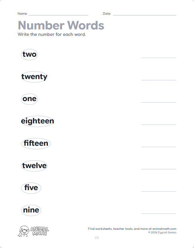 Number Words - Write Number (1 to 20)