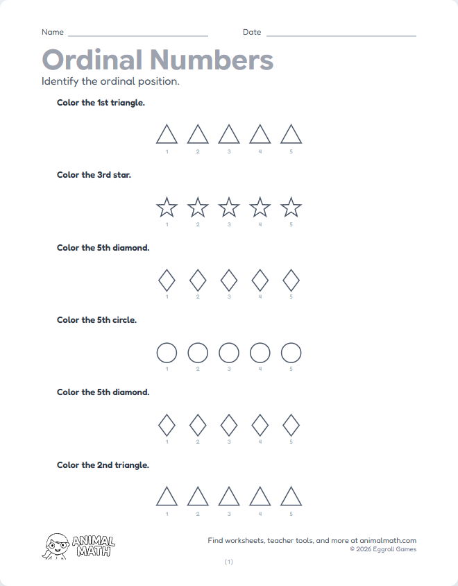 Ordinal Numbers - Color to 5th preview