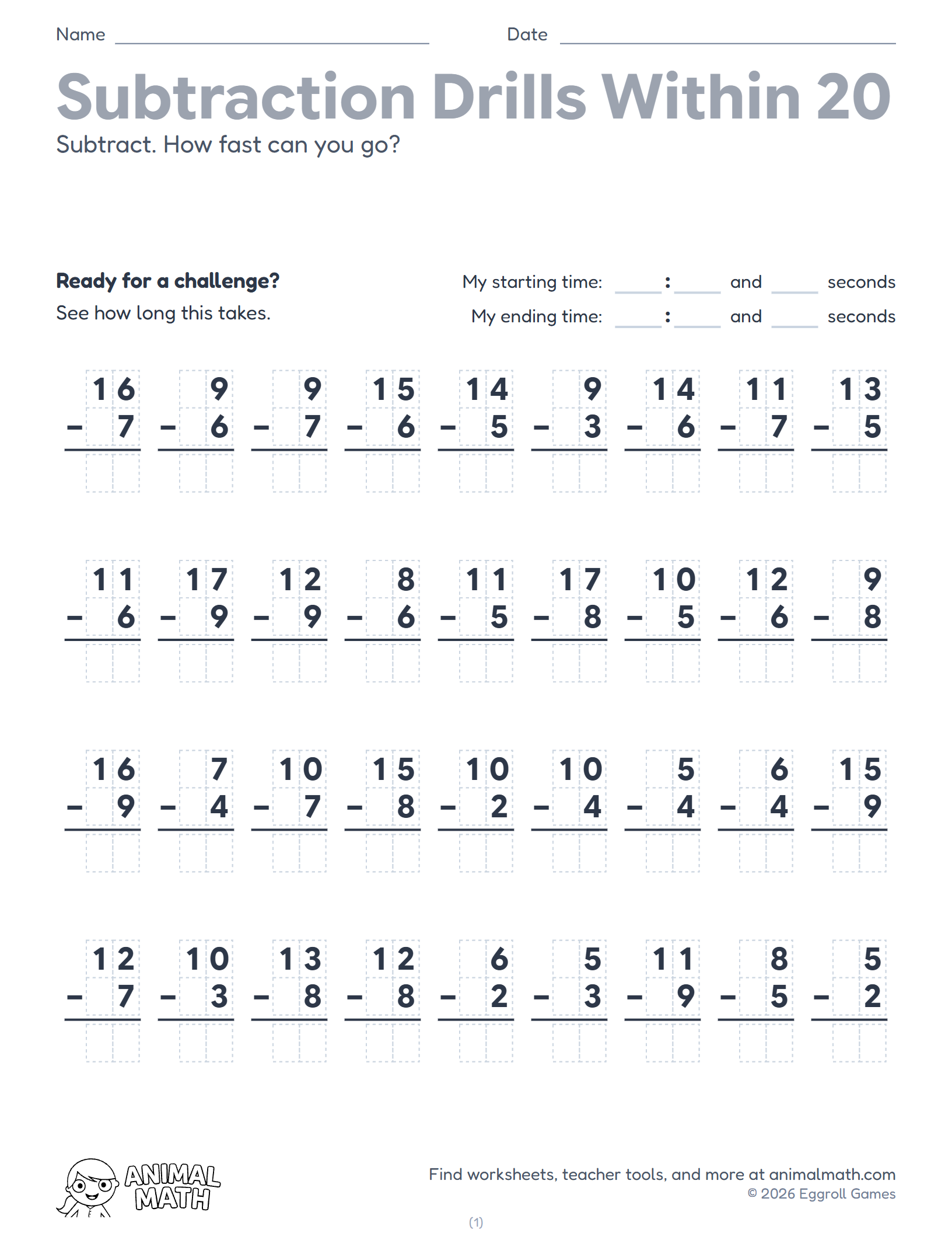 Subtraction Drills Within 20