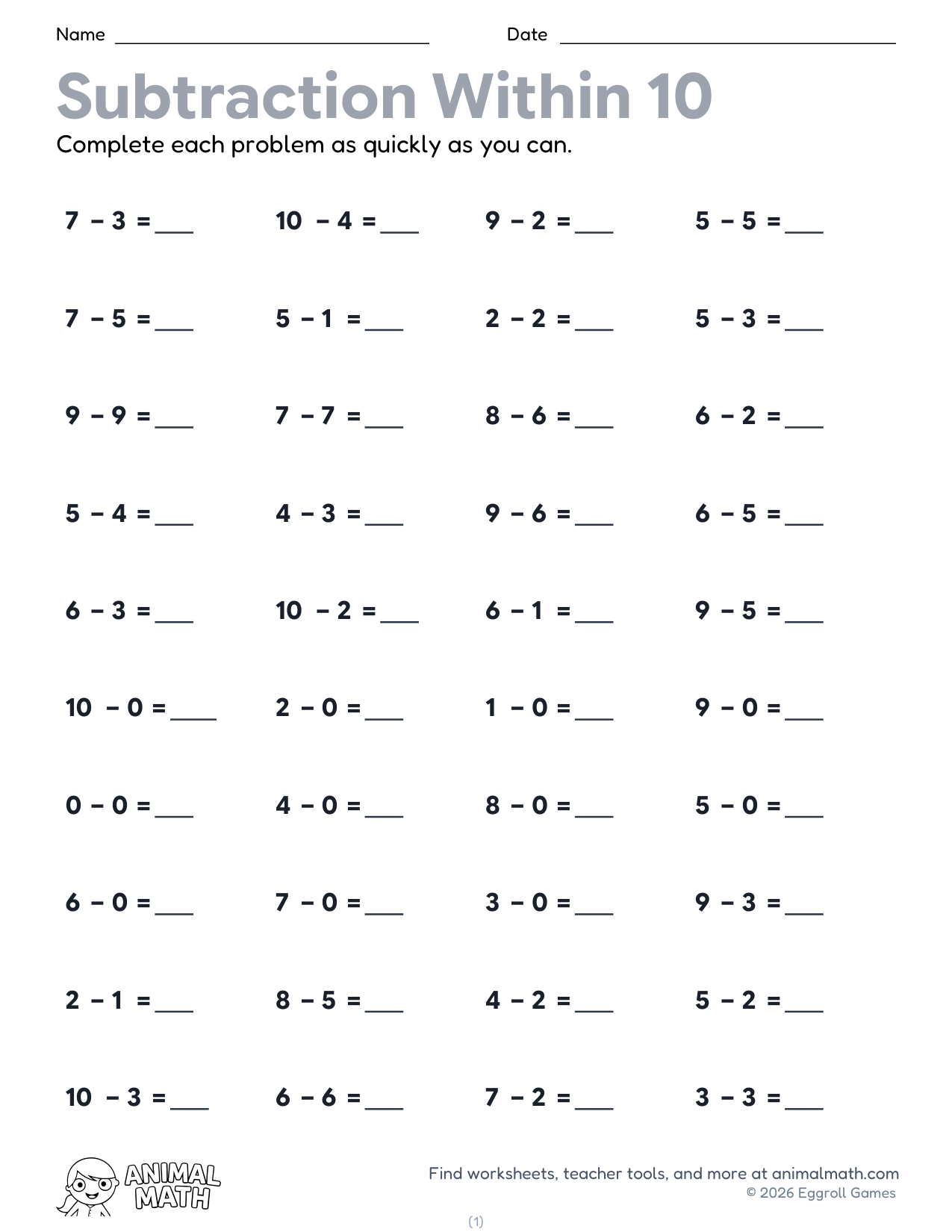 Subtraction Fact Drills to 10