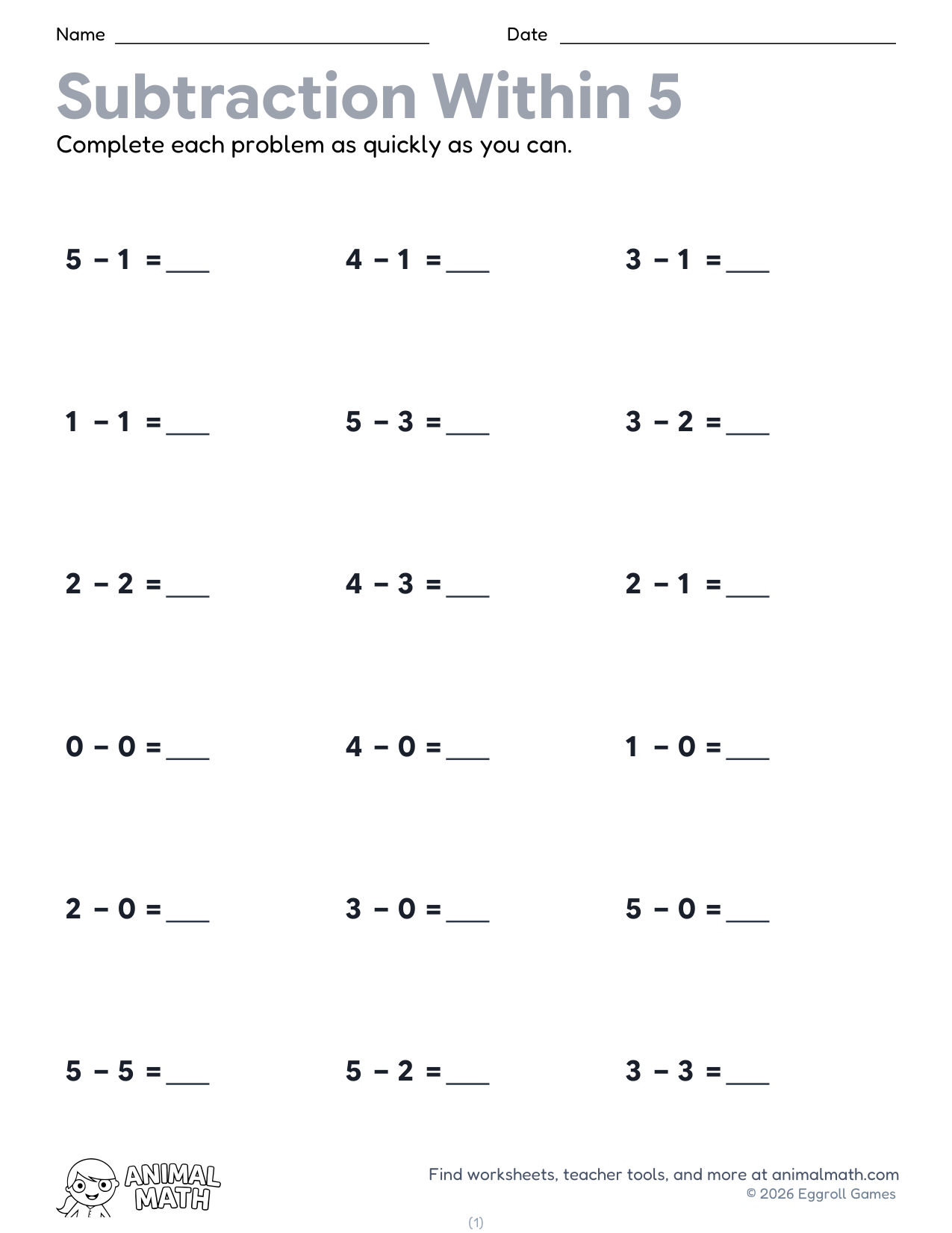 Subtraction Fact Drills to 5