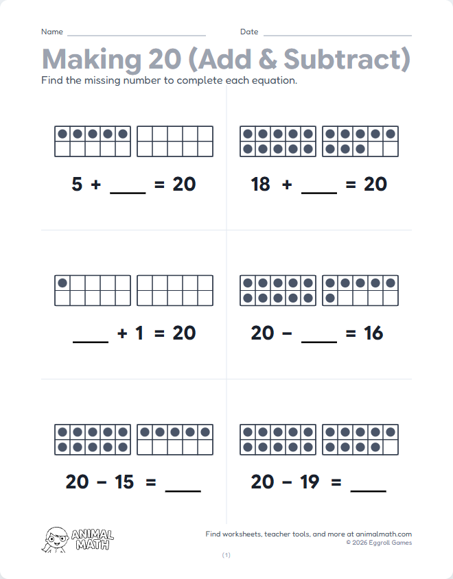 Ten Frame Add & Subtract to 20