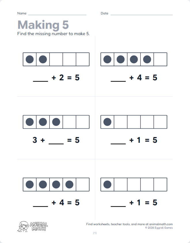 Ten Frame Addition to 5