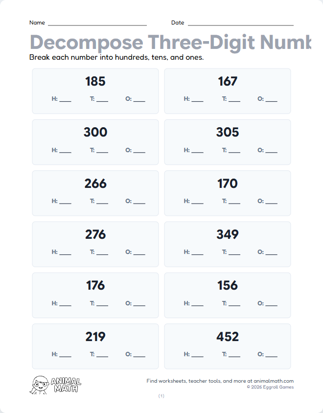 Three-Digit Place Value - Decompose (Low)