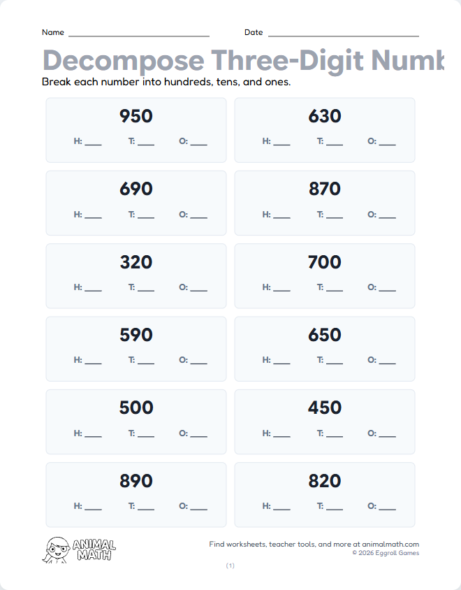 Three-Digit Place Value - Decompose (Round)