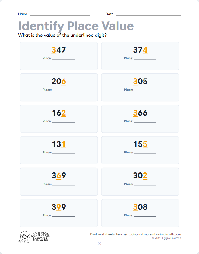 Three-Digit Place Value - Identify (Low)