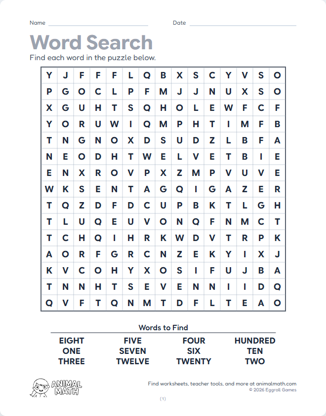 Word Search - Numbers (Large Grid)